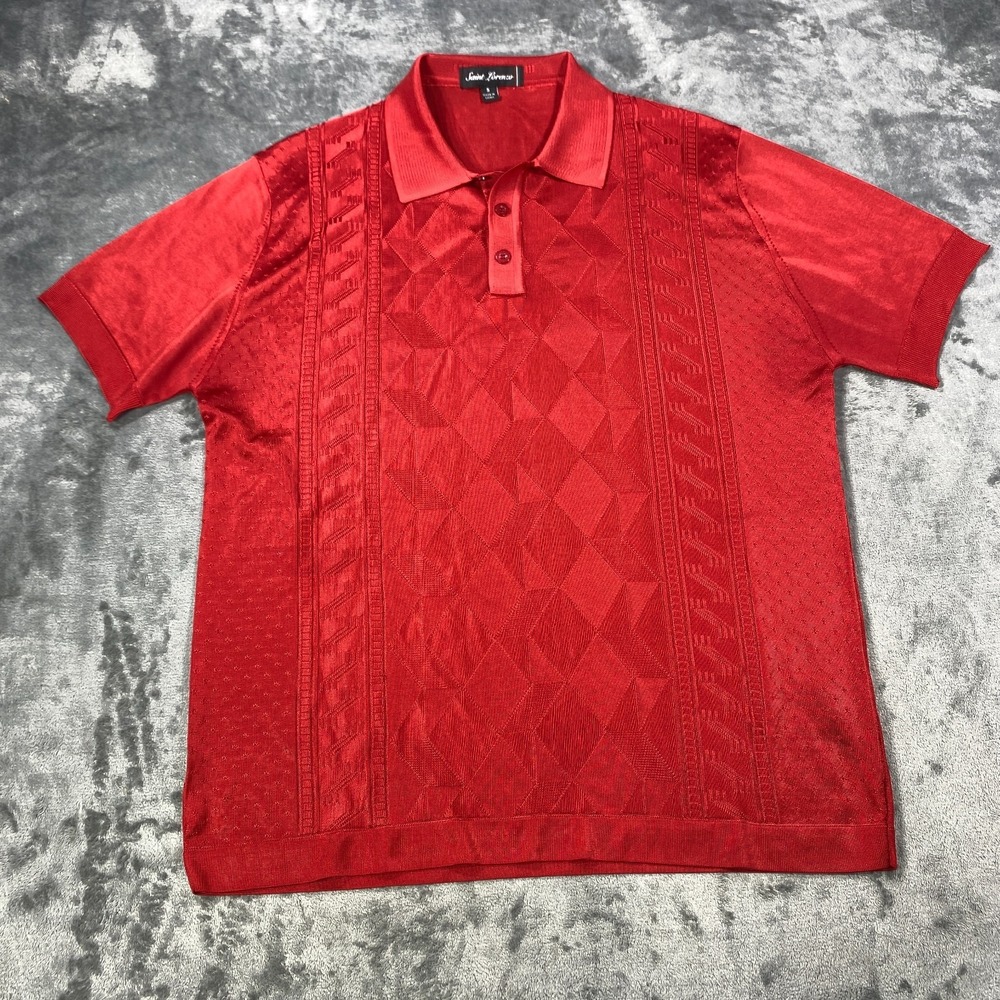Saint Lorenzo Polo Shirt Mens Small Red Greek Key Knit Textured Short Retro